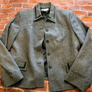 Pendleton Women’s Wool Blazer Jacket Gray Black Leather Trim Size 12 USA